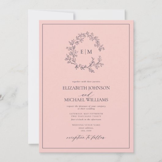 Modern Blush Pink Navy Blue Monogram Weddenschap Kaart (Voorkant)
