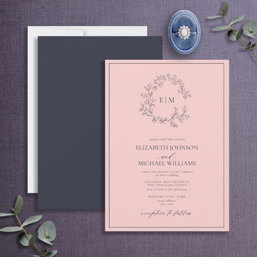 Modern Blush Pink Navy Blue Monogram Weddenschap Kaart