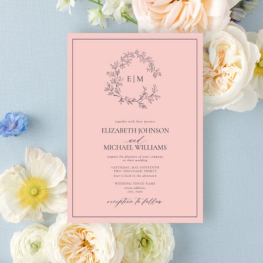 Modern Blush Pink Navy Blue Monogram Weddenschap Kaart