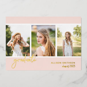 Modern Blush Pink Photo Collage Afstuderen Folie Uitnodiging