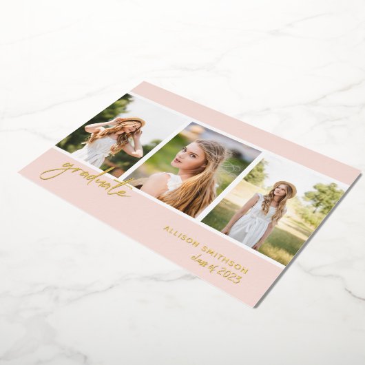 Modern Blush Pink Photo Collage Afstuderen Folie Uitnodiging (Gedraaid)