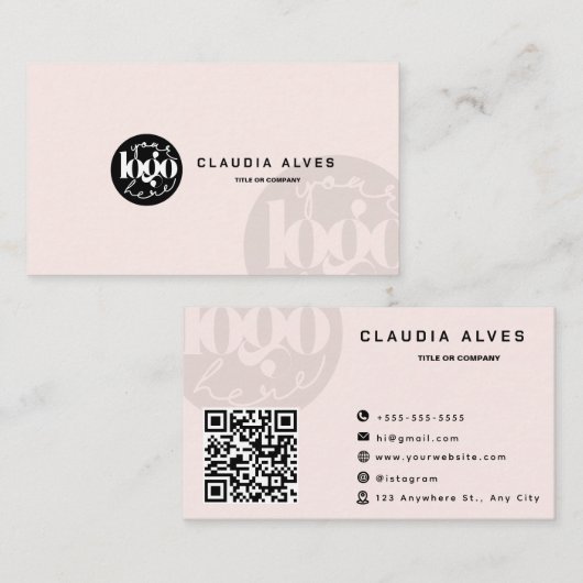 Modern Blush Pink QR Code Aangepaste Logo Visitekaartje (Voorkant / Achterkant)