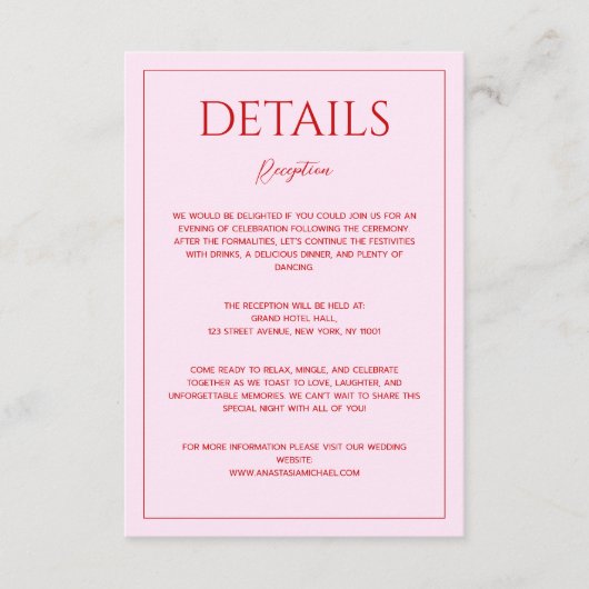 Modern blush pink red minimalist wedding details informatiekaartje (Voorkant)