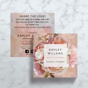 Modern Blush Pink Rose & Peony Elegant Referal Vierkante Visitekaartje