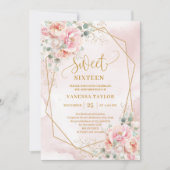 Modern Blush Pink Sage Gold Floral Sweet 16 Uitnod Kaart (Voorkant)