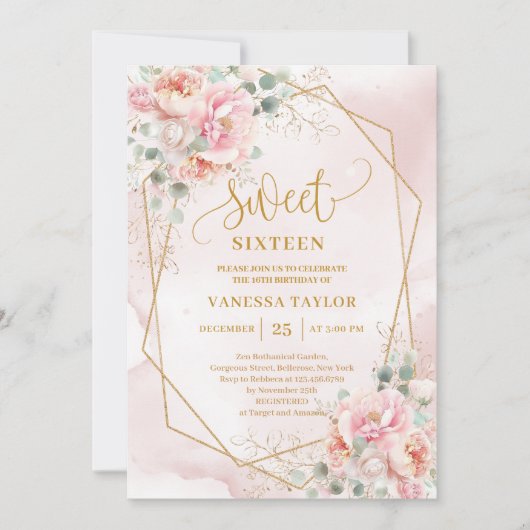 Modern Blush Pink Sage Gold Floral Sweet 16 Uitnod Kaart (Voorkant)