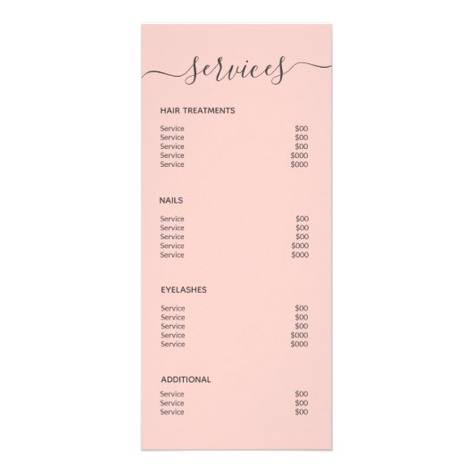 Modern Blush Pink Salon Makeup Artist Service Menu (Achterkant)