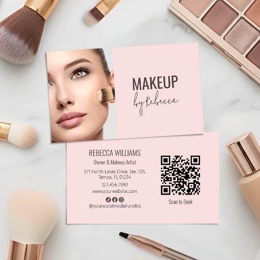 Modern Blush Pink Script Font QR Code Photo Makeup Visitekaartje