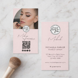 Modern Blush Pink Script Logo QR Code Photo Makeup Visitekaartje