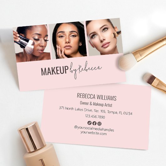 Modern Blush Pink Social Icons 3 Photo Makeup Visitekaartje