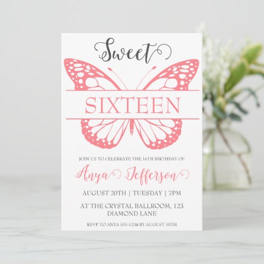 Modern Blush Pink Sweet 16 verjaardagsuitnodiginge Kaart (Staand voorkant)