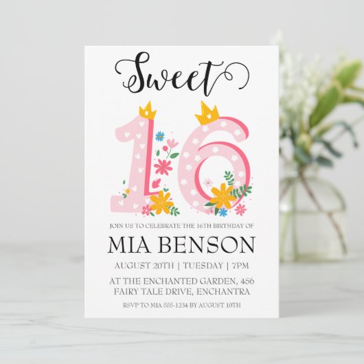 Modern Blush Pink Sweet 16 verjaardagsuitnodiginge Kaart (Staand voorkant)