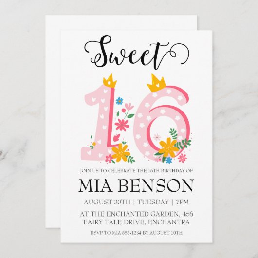 Modern Blush Pink Sweet 16 verjaardagsuitnodiginge Kaart (Voorkant / Achterkant)