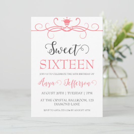 Modern Blush Pink Sweet 16 verjaardagsuitnodiginge Kaart (Staand voorkant)
