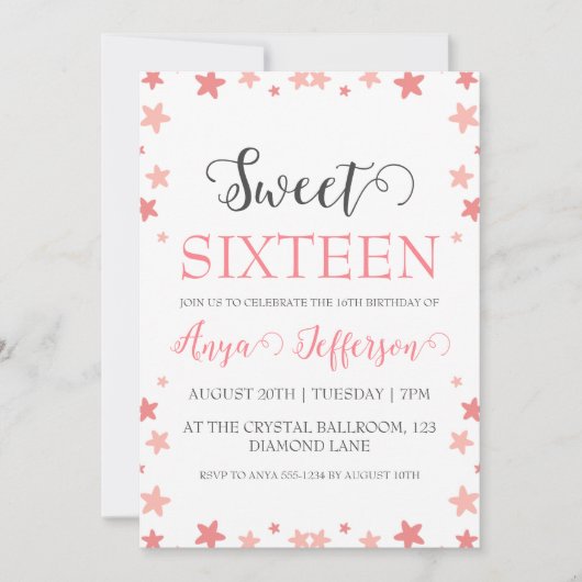 Modern Blush Pink Sweet 16 verjaardagsuitnodiginge Kaart (Voorkant)