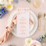Modern Blush PInk & Vibrant Oranje bruiloft Menu<br><div class="desc">Ontworpen om te coördineren met voor het "Bright" Collectie van de Uitnodiging van de Weddenschap. Klik op "Details" om meer informatie te wijzigen. Om de tekst te verplaatsen of de grootte, de doopvont, of de kleur te veranderen, klik "uitgeven gebruikend het Hulpmiddel van het Ontwerp". Uitzicht de verbinding van het...</div>