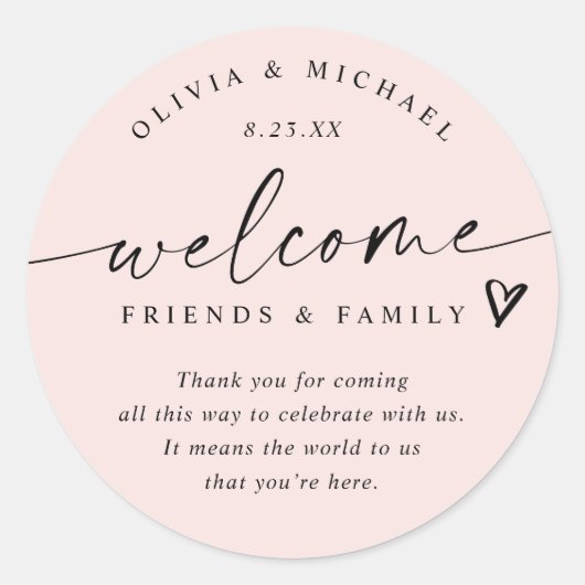 Modern Blush Pink Wedding Welcome Hotel Bag Ronde Sticker (Voorkant)