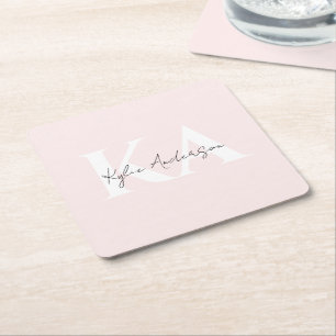 Modern Blush Roos Gepersonaliseerde Monogram Naam  Kartonnen Onderzetters