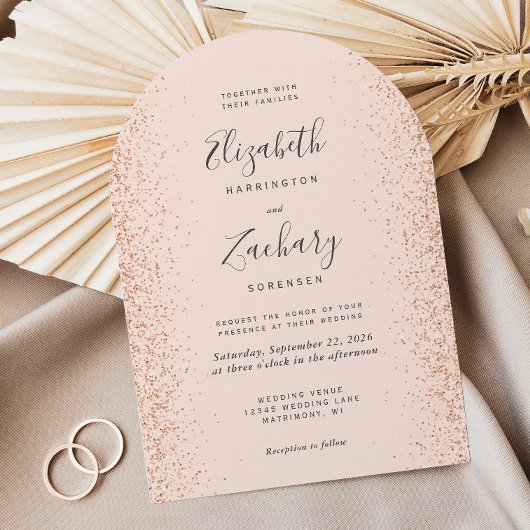 Modern Blush Roos Gouden Glitter Boog Wedding Kaart