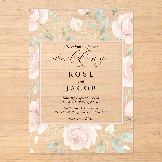 Modern Blush Roses Acrylic Wedding Invitation Acryl Uitnodigingen (Voorkant)