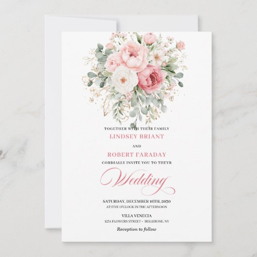 Modern Blush Roses Gold Frame Wedding Invitation Kaart (Voorkant)
