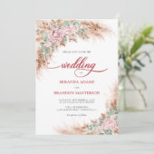 Modern Blush Roses Pampas Grass Floral Wedding Kaart (Staand voorkant)