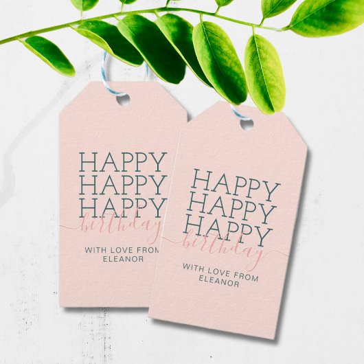 Modern blush roze blauwgroen Happy Birthday Gift L Cadeaulabel