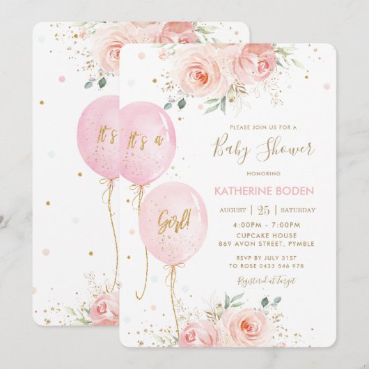 Modern Blush Roze Bloemen Ballonnen Goud Baby show Kaart (Voorkant / Achterkant)
