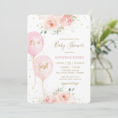 Modern Blush Roze Bloemen Ballonnen Goud Baby show Kaart (Staand voorkant)