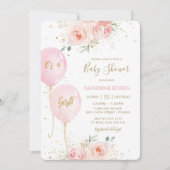 Modern Blush Roze Bloemen Ballonnen Goud Baby show Kaart (Voorkant)