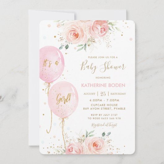 Modern Blush Roze Bloemen Ballonnen Goud Baby show Kaart (Voorkant)