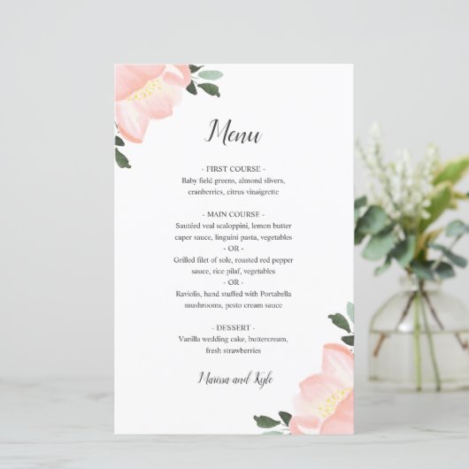 Modern Blush Roze Bloemen Elegant Trouwmenu (Staand voorkant)