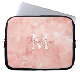 Modern Blush Roze Bloemen Kant Shimmer Monogram Laptop Sleeve