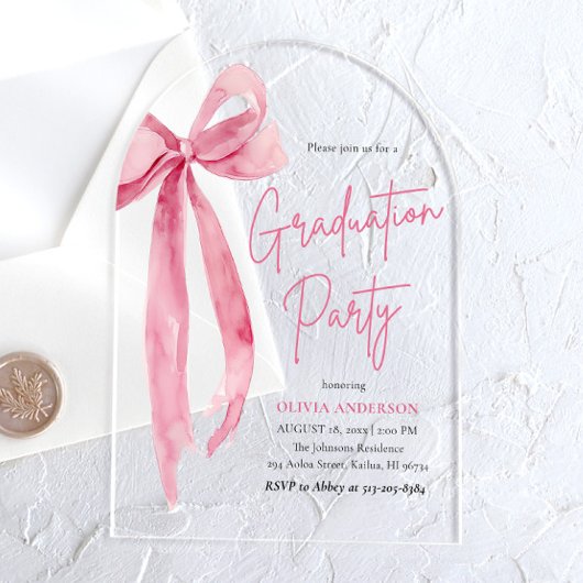 Modern Blush Roze Bow Graduation Party Arched Acryl Uitnodigingen