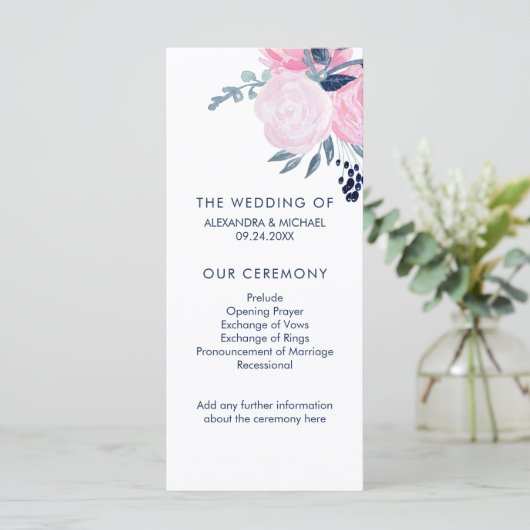 Modern Blush Roze en Navy Bloemen Bruiloft Program Programmakaart (Staand voorkant)