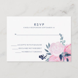 Modern Blush Roze en Navy Bloemen Bruiloft RSVP
