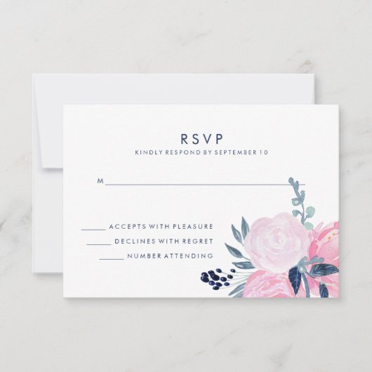 Modern Blush Roze en Navy Bloemen Bruiloft RSVP (Voorkant)