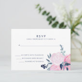 Modern Blush Roze en Navy Bloemen Bruiloft RSVP Kaartje (Staand voorkant)