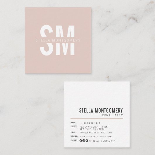Modern blush roze en wit monogram professioneel vierkante visitekaartje (Voorkant / Achterkant)