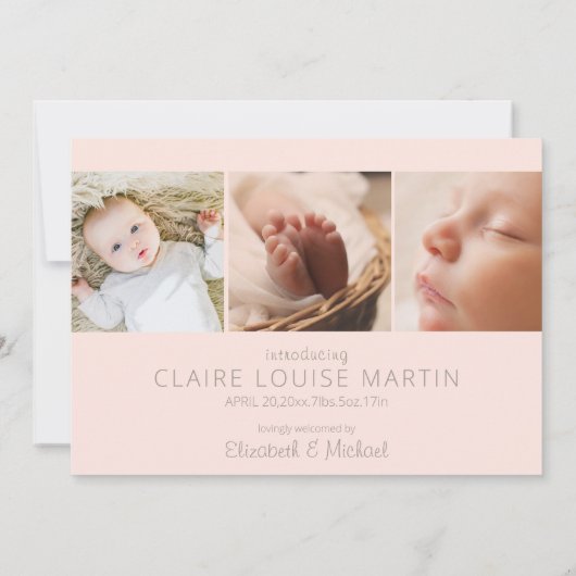 Modern|Blush roze|Foto Collage Baby Girl Birth Aankondiging (Achterkant)
