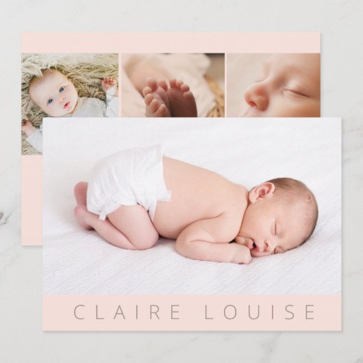 Modern|Blush roze|Foto Collage Baby Girl Birth Aankondiging (Voorkant / Achterkant)
