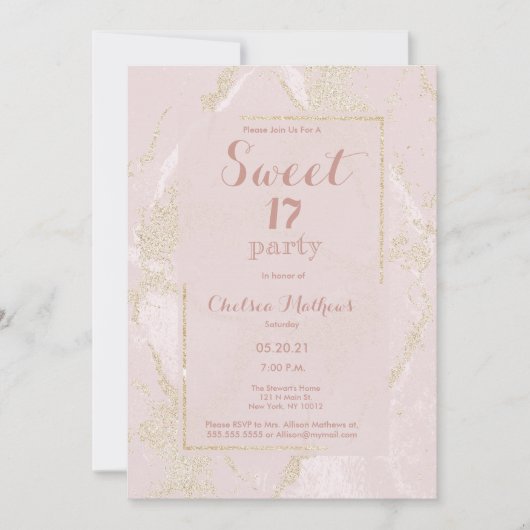 Modern blush roze goud glitter marmer Sweet 17 Kaart (Voorkant)