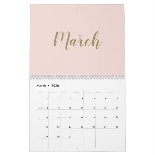 Modern blush roze goud script maand girly chic kalender (Mar 2026)