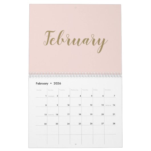 Modern blush roze goud script maand girly chic kalender (Feb 2026)