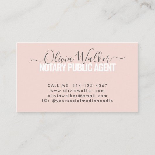 Modern Blush Roze Grijs Elegant Notaris Public Age Visitekaartje (Achterkant)