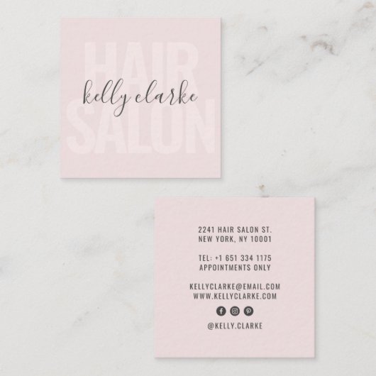 Modern blush roze haar salon script handtekening n vierkante visitekaartje (Voorkant / Achterkant)
