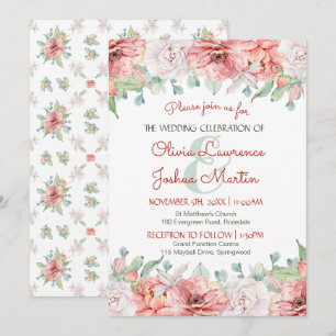 Modern Blush Roze Koraal Bloemen Waterverf Bruilof Kaart