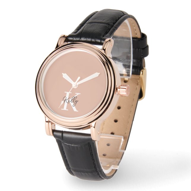 Modern Blush Roze Monogram Script Horloge (Hoek)