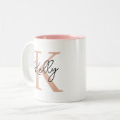 Modern Blush Roze Monogram Script Tweekleurige Koffiemok (Voorkant links)