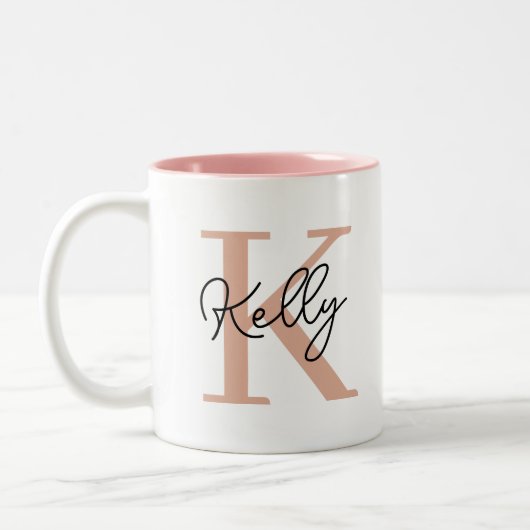 Modern Blush Roze Monogram Script Tweekleurige Koffiemok (Links)